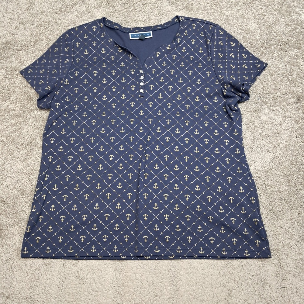 Karen Scott Navy Blue Gold Metallic Anchor Henley Top XXL Short Sleeve Nautical